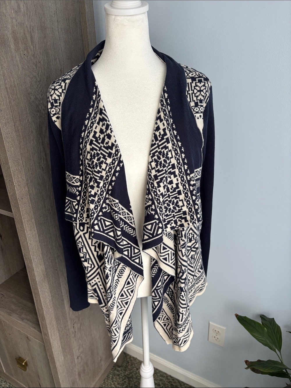 Lucky Brand Open-Front Navy and White Patterned Women's Cardigan Sweater